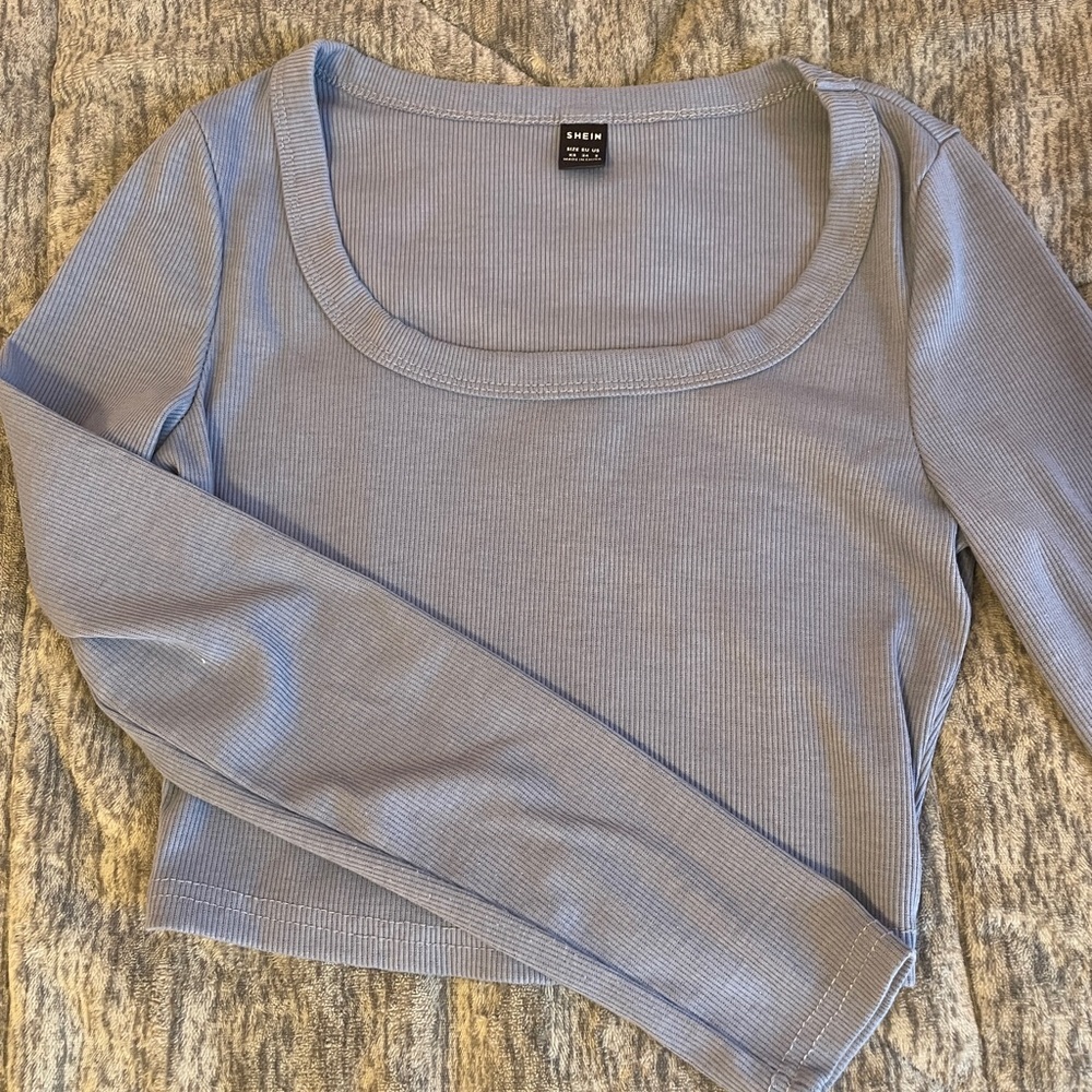 Shein Light Blue Ribbed Long Sleeve Top